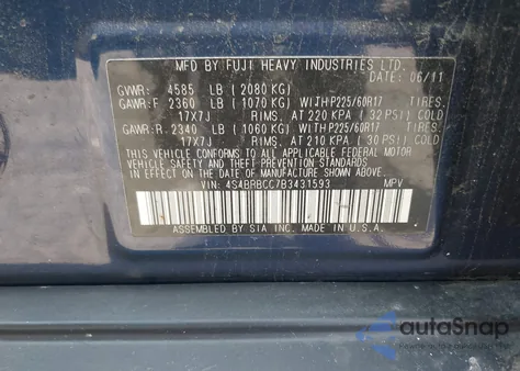 2011 Subaru Outback 2.5I Premium z USA, uszkodzony, nr VIN 4S4BRBCC7B3431593